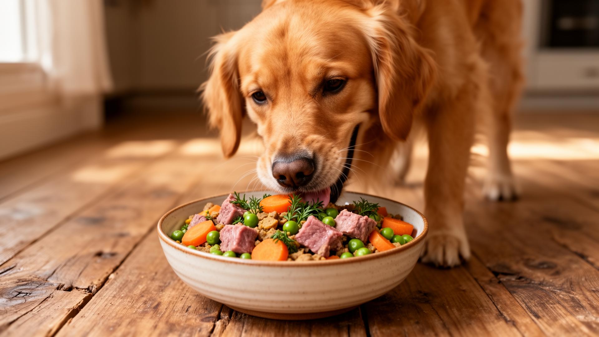 Glücklicher Hund frisst gesundes Futter mit frischem Fleisch und Gemüse aus einer Keramikschale