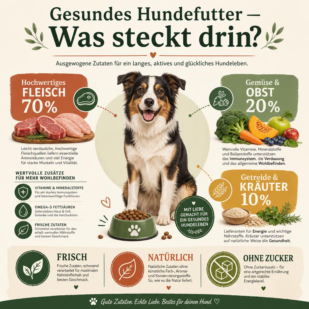 Gesundes Hundefutter – Was steckt drin? | Pfotenmahl Infografik gesundes Hundefutter: 70 % hochwertiges Fleisch, 20 % Gemüse und Obst, 10 % Getreide und Kräuter sowie Vitamine, Mineralstoffe und Omega-3-Fettsäuren